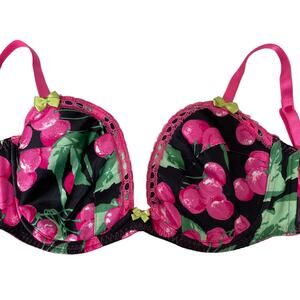 Vintage Victoria Secret Bra 34D Pink Cherry Print Black y2k Underwire 2003 TAGS